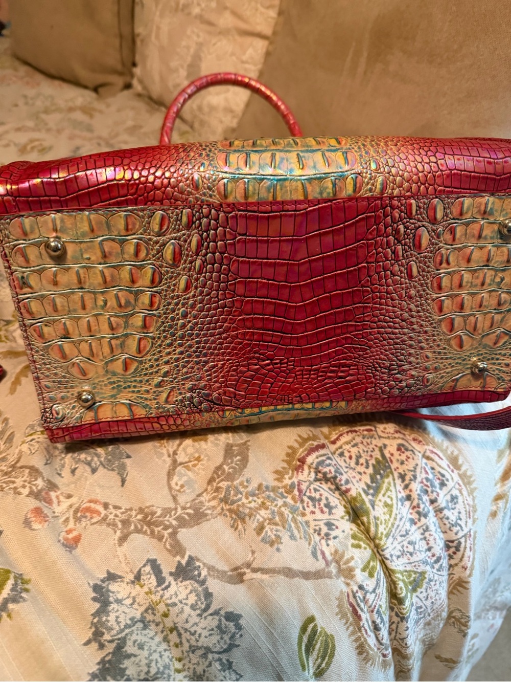 Brahmin Iridescent Pink Faux-Croc Satchel with Gold-Sheen. Eye on front and back - Picture 4 of 8